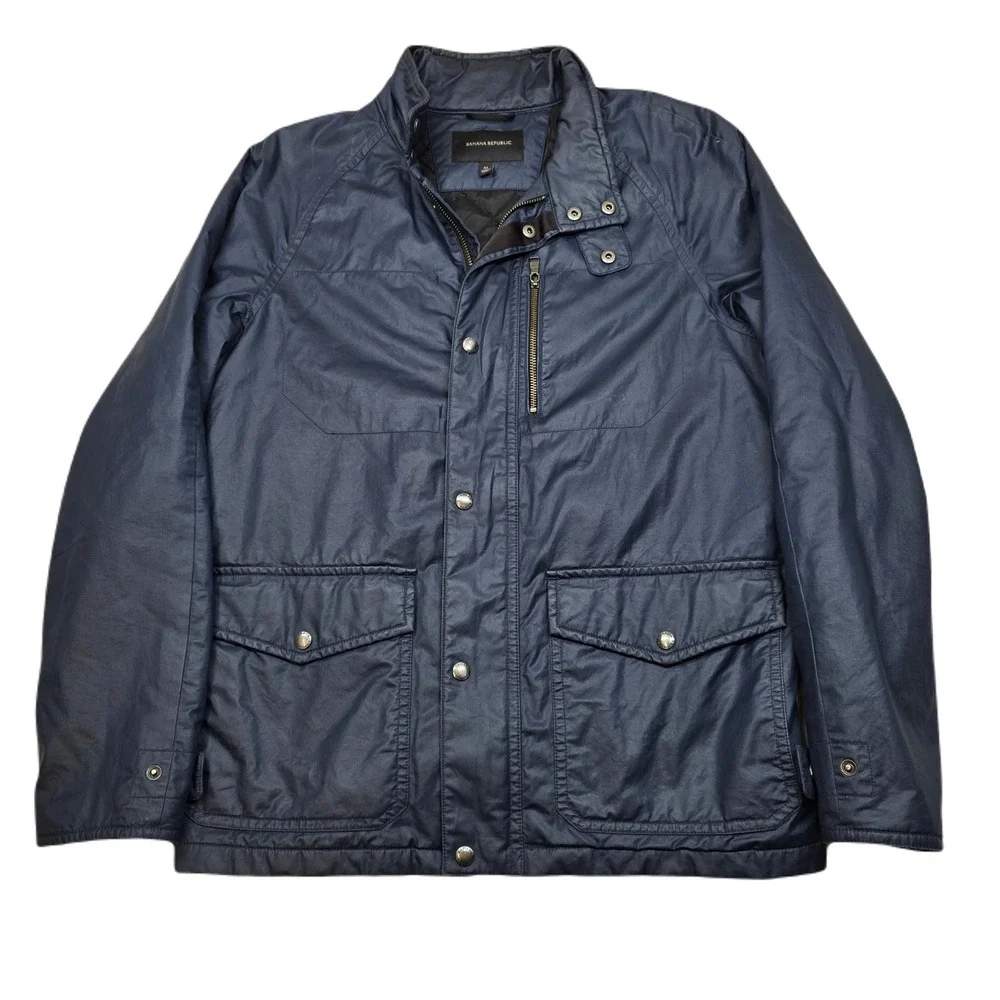 Banana Republic Utility‎ Jacket Mens Medium Blue Poly Coated Cotton Full Zip